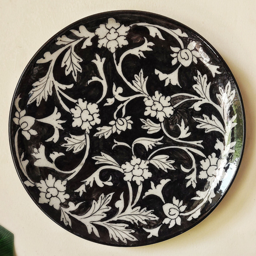 black and white flower blue pottery wall plate