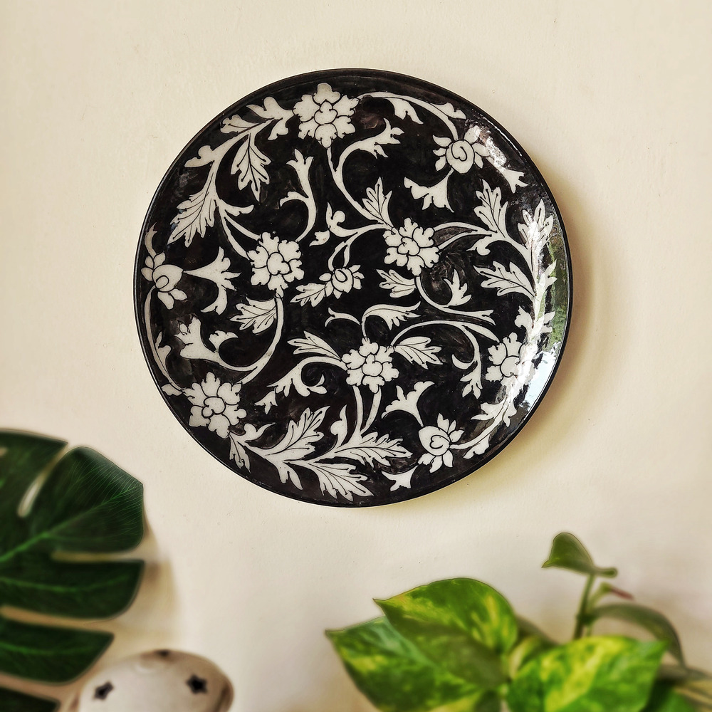 top quality black and white flower blue pottery wall plate